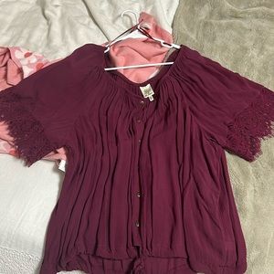 burgundy Self Esteem Blouse top with lace sleeves. drawstring bottom